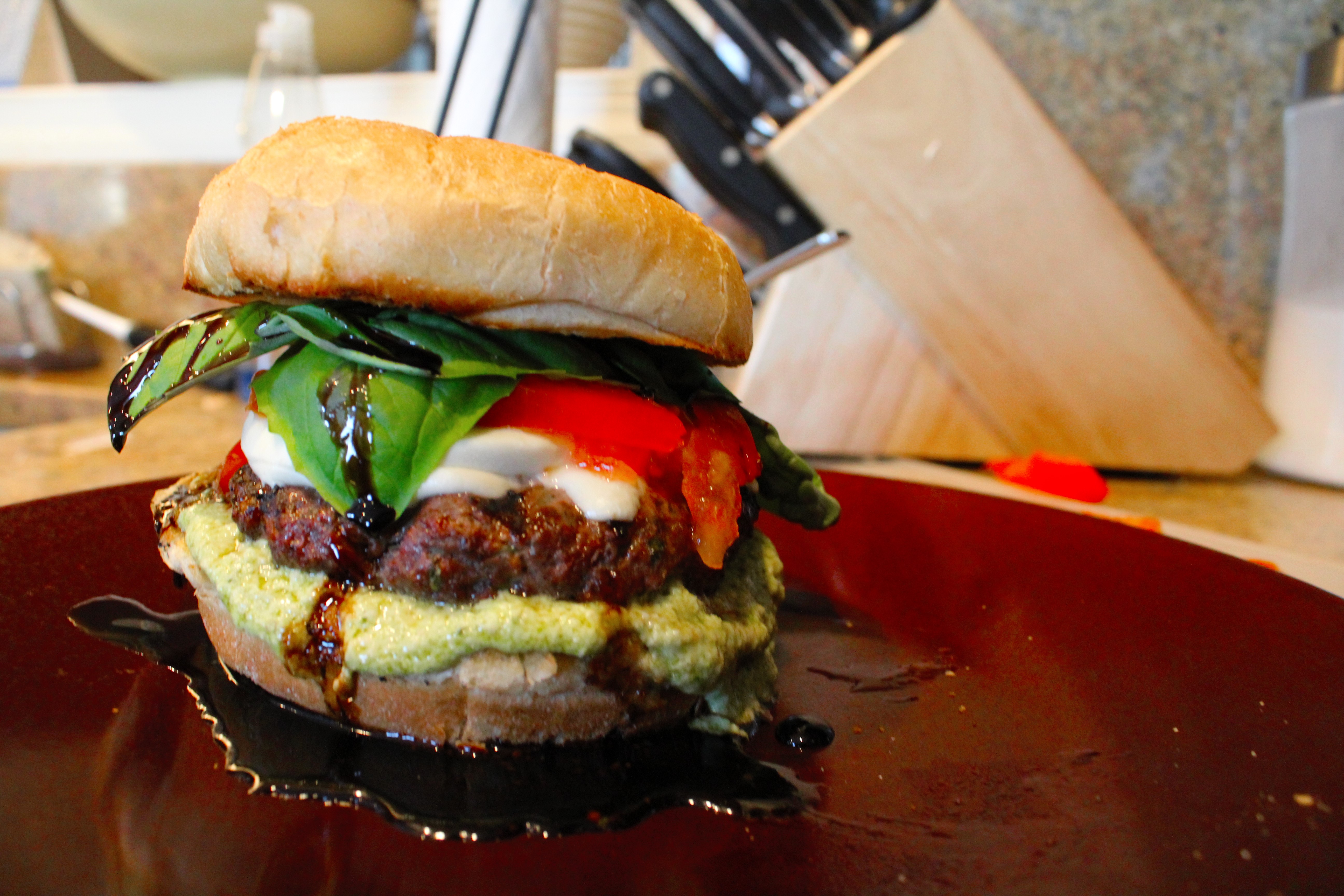 Caprese Burgers with Balsamic Glaze and Artichoke Pesto Spread
